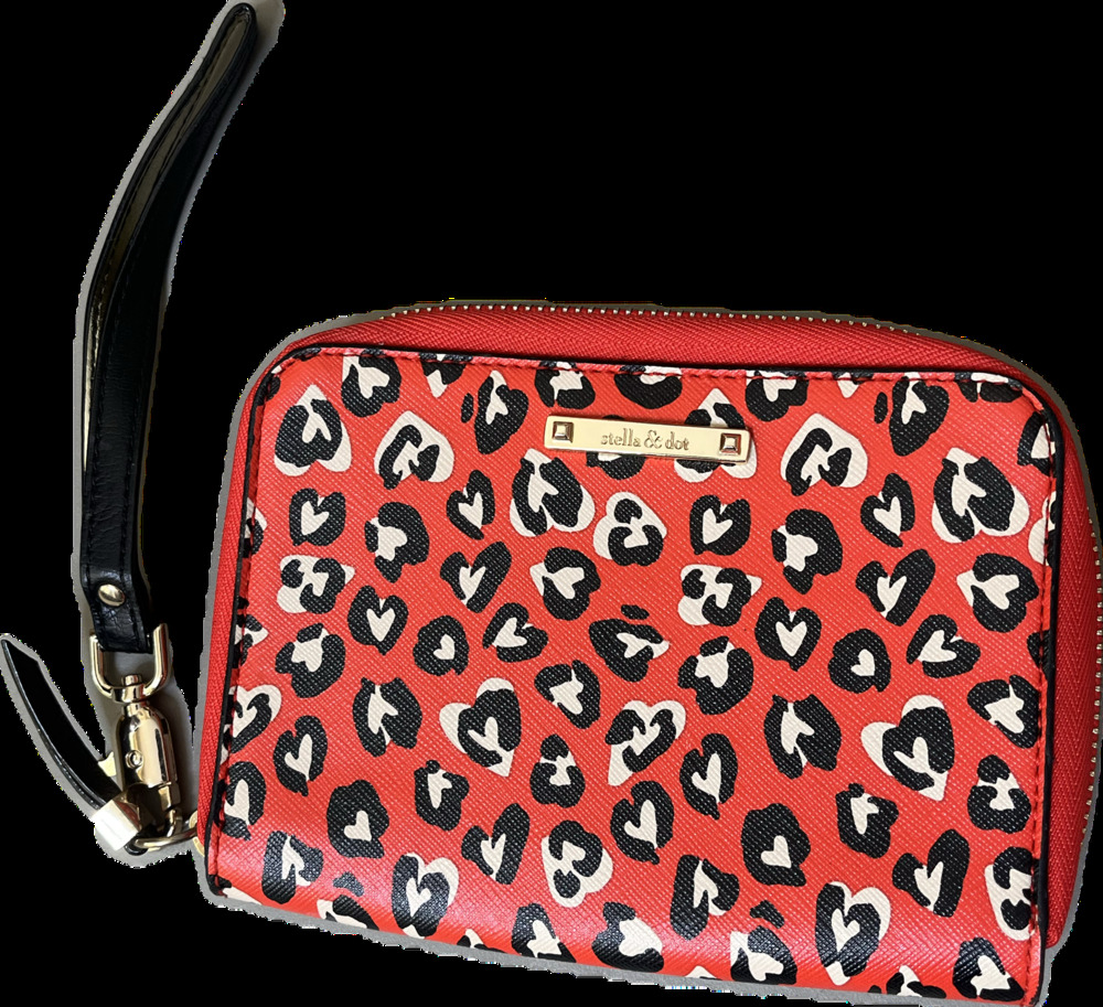 Stella & Dot leopard print hearts wristlet wallet card holder red black white